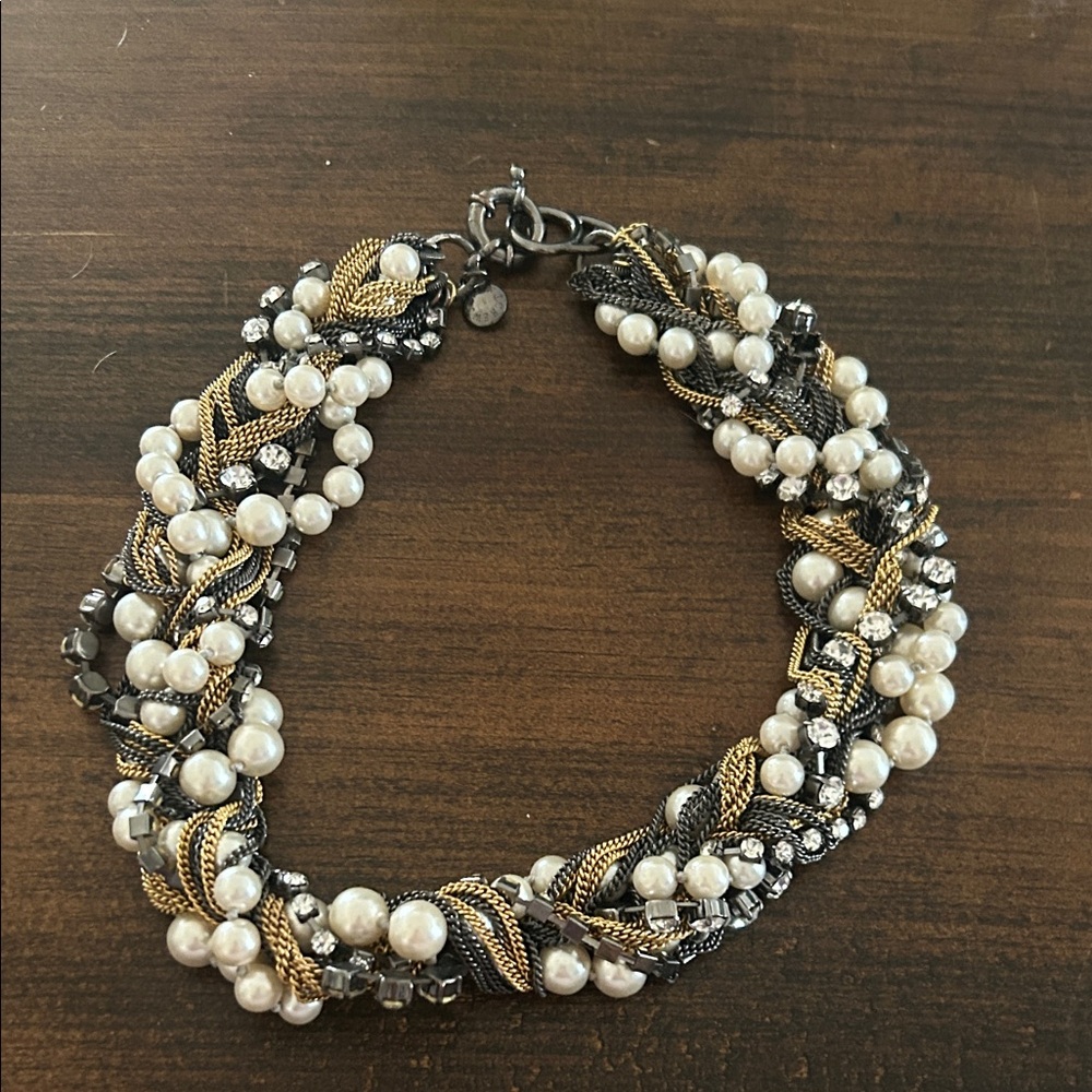 Vintage Original J. Crew Gold, Silver and Pearl Braided Statement Necklace 18”